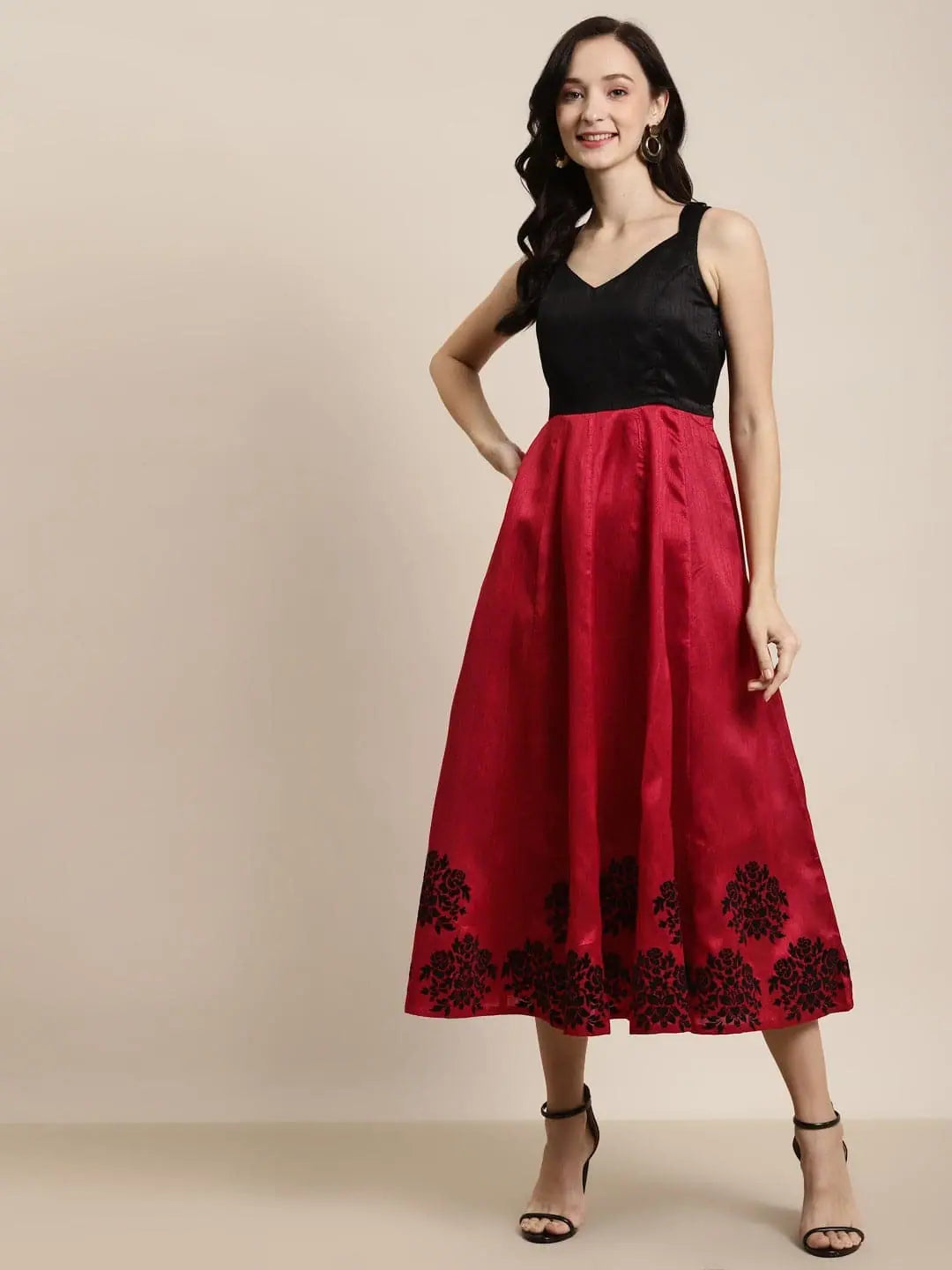 High-low hem dresses for womenRed Flock Print Sweetheart Neck Anarkali Maxi