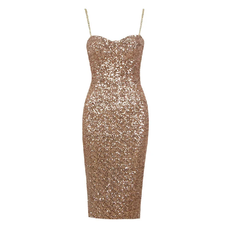 Elegant women's dressesSparkly Metallic Chain Strap Sweetheart Bustier Bodycon Sequin Midi Dress