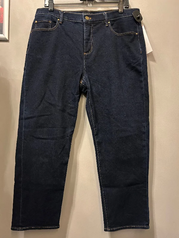 Dark wash jeans with whiskering and fading at the thighsJeans Straight By Ann Taylor In Blue Denim, Size: 14