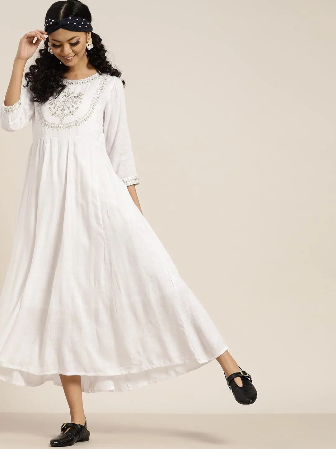 Synthetic dresses for budget-friendly optionsWomen White Zari Embroidery Anrakali Maxi Dress