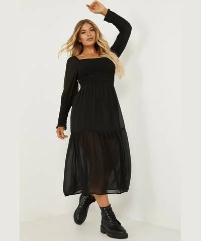 Striped dresses for womenBlack Chiffon Shirred Tiered Midi Dress