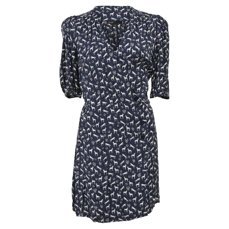 Peplum dresses for womenMaje Printed Jacquard Mini Wrap Dress in Blue Viscose