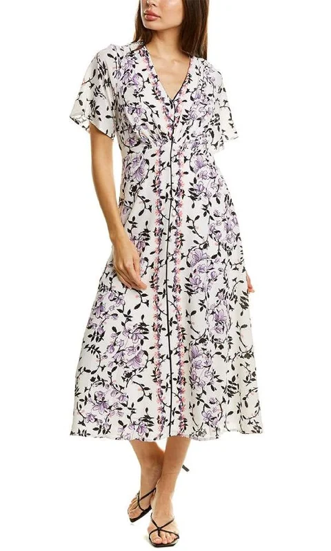 Plunging neckline dresses for womenMaison Tara - 91062M Floral Print Buttoned A-Line Dress