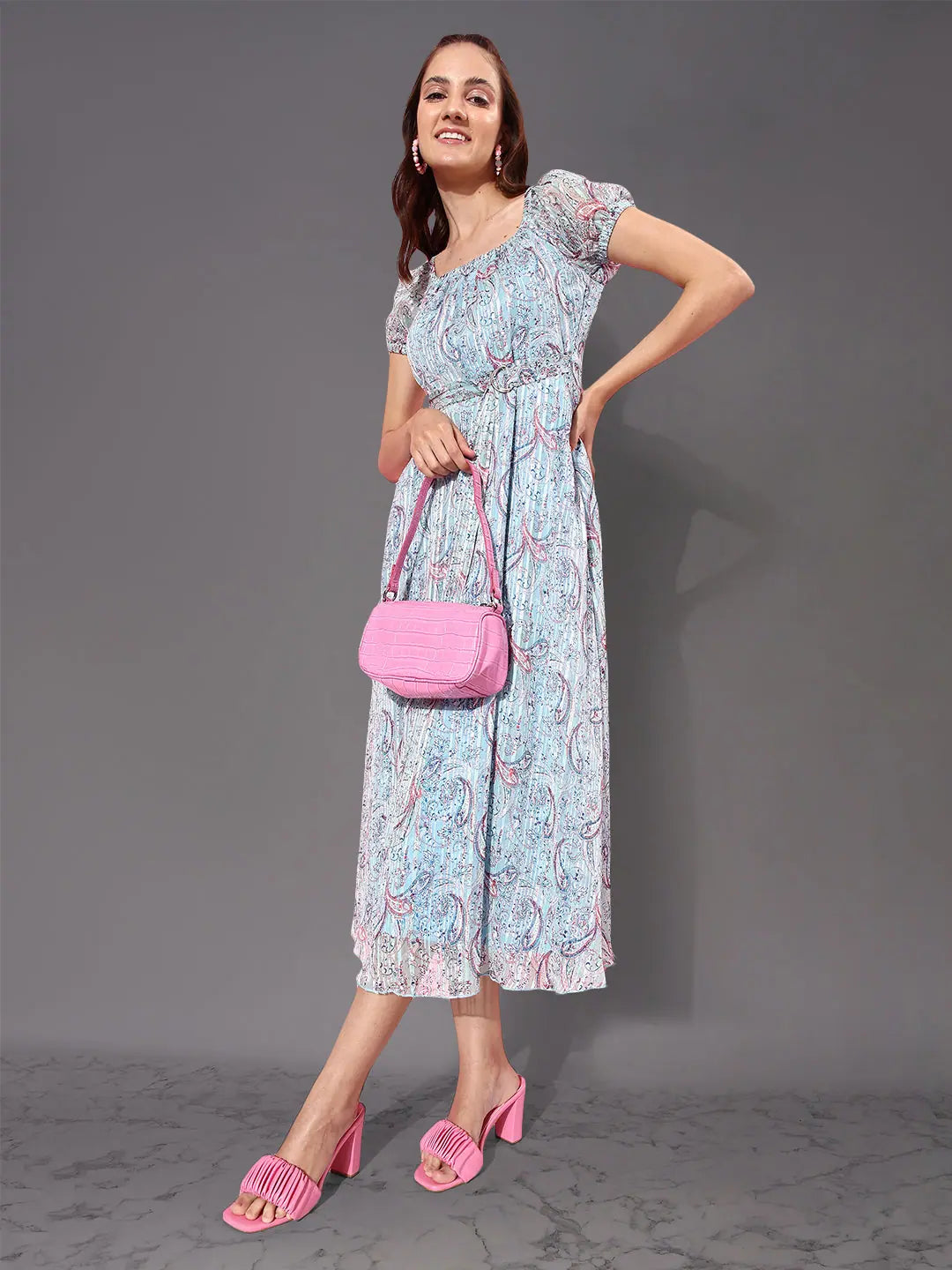 Halter dresses for womenCastles In The Sky Printed Midi Dress Multicolored-Base-Light Blue