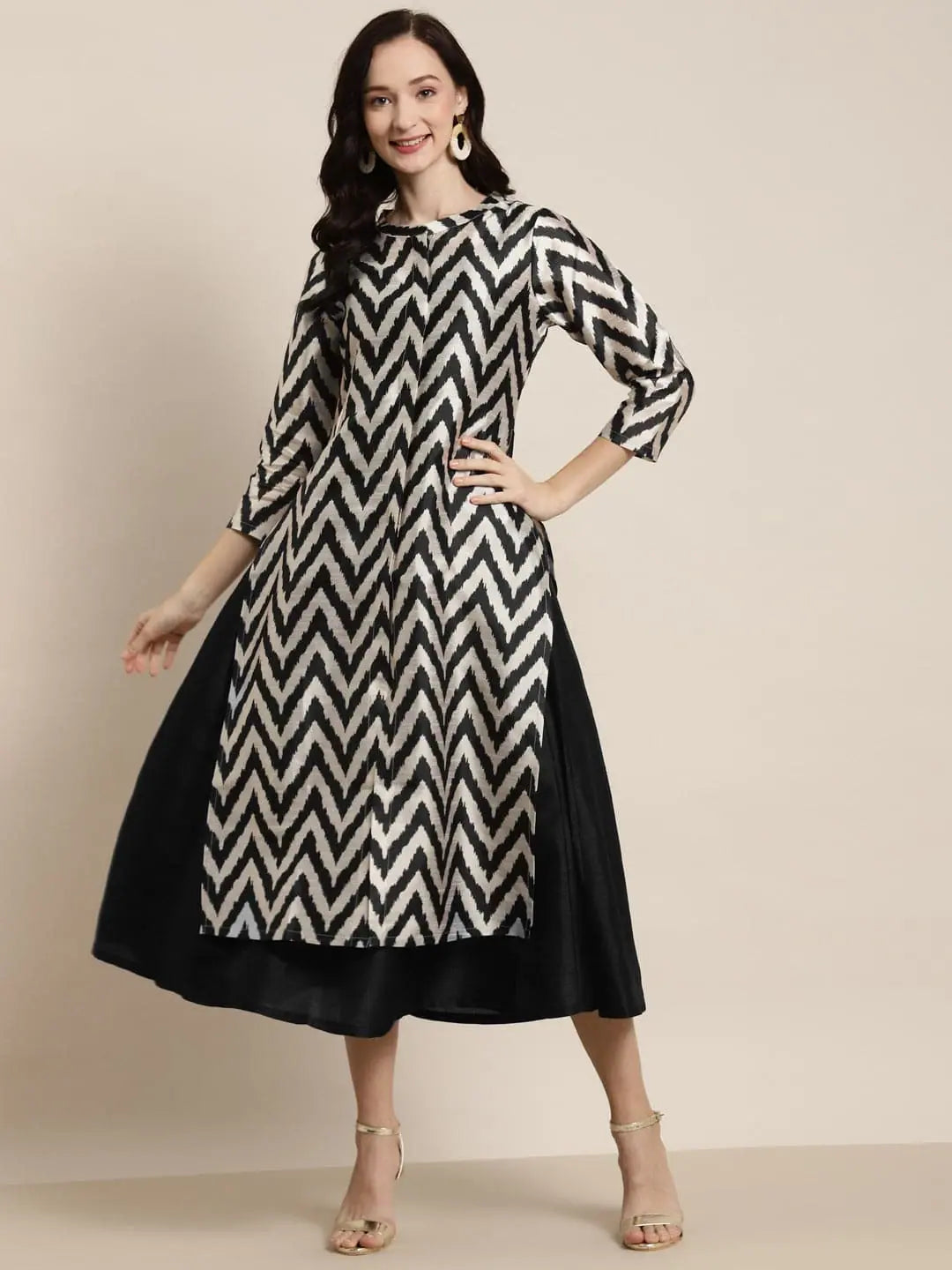 Fit-and-flare dresses for womenBlack Anarkali Maxi With Ikat Print Jacket