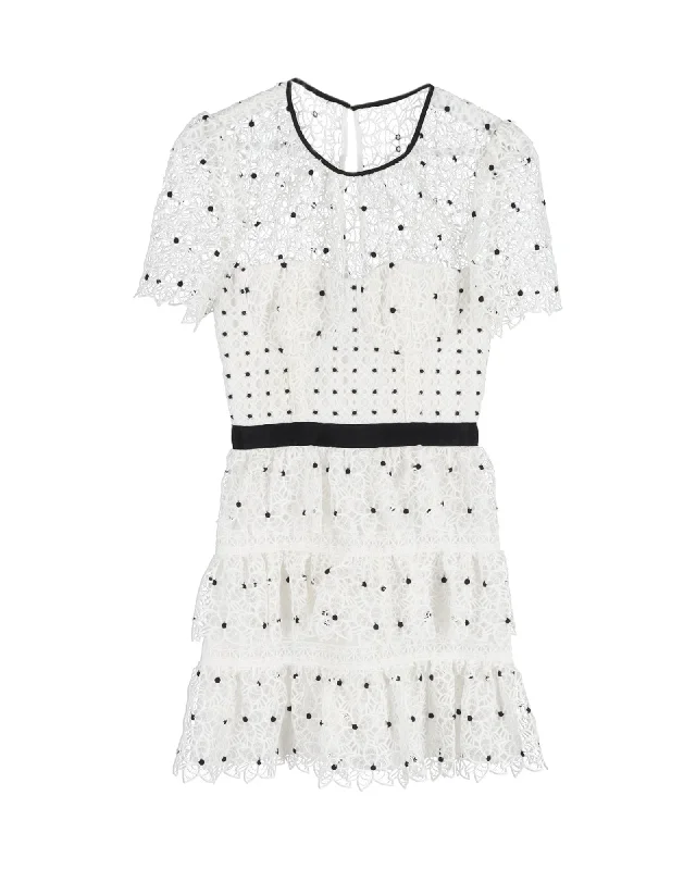 Petite dresses for womenSelf-Portrait Tiered Polka Dot Floral Lace Ruffle Mini Dress in White Polyester