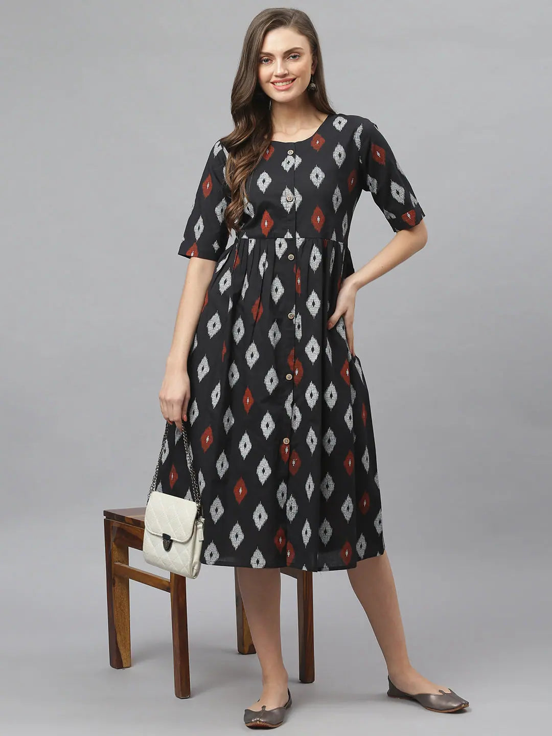 Summer dresses for hot weatherStylum Women's Ikat Print Cotton Midi Flared Dress