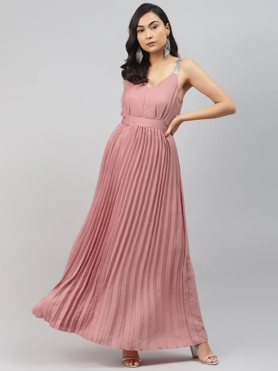 Cold-shoulder dresses for womenPink Sequin Straps Pleated Maxi Dress