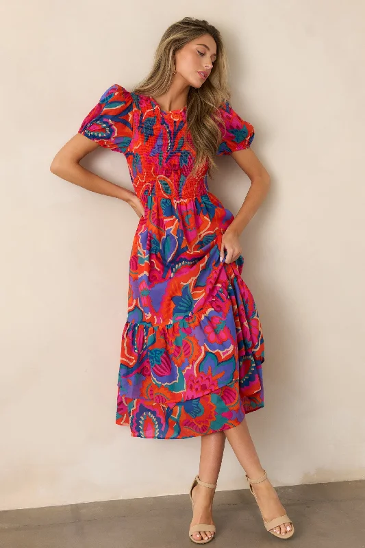 Denim dresses for womenCatching Flights Cotton Orange Multi Print Midi Dress