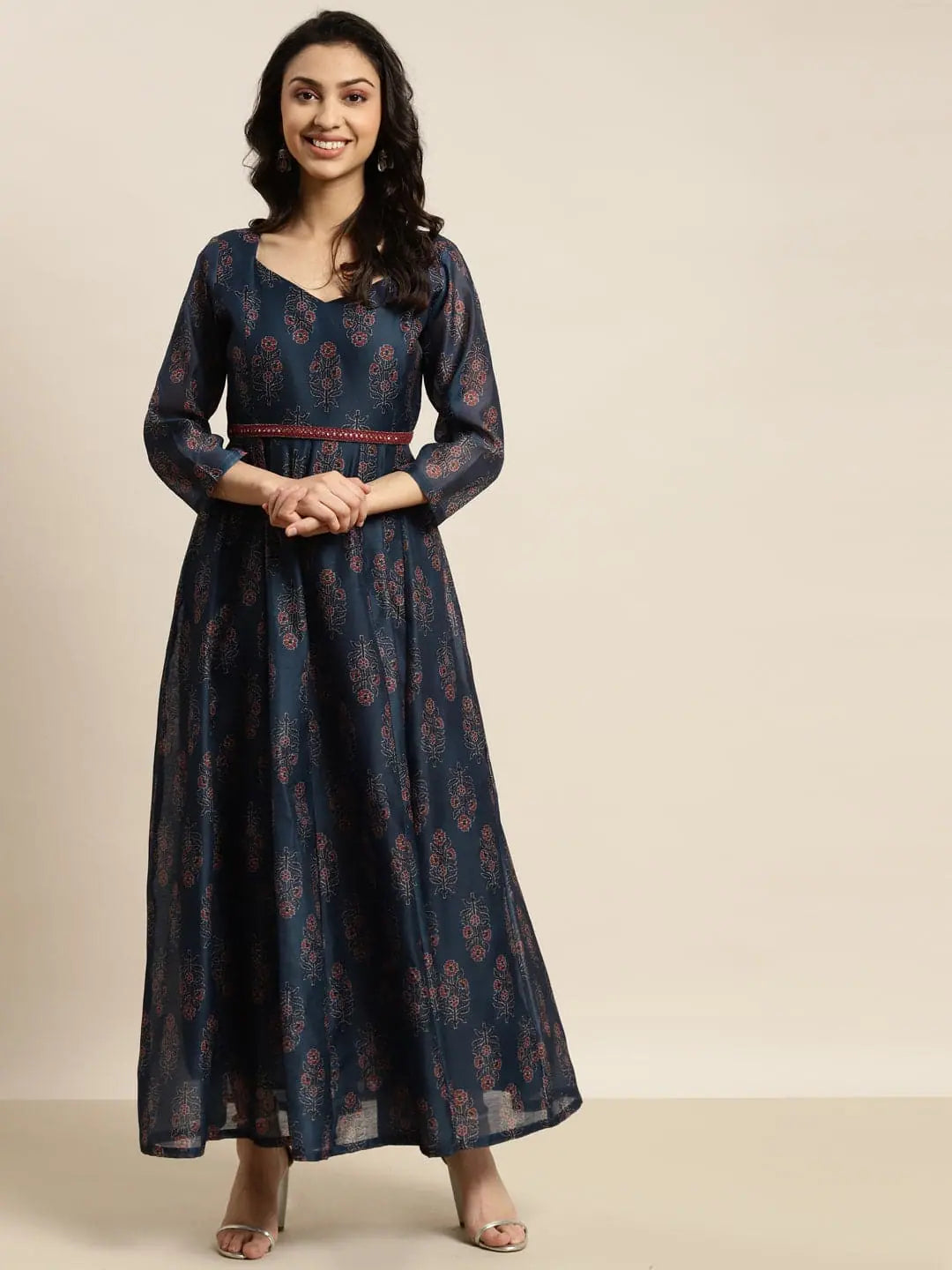 Patterned dresses for womenWomen Navy Chanderi Floral Anarkali Maxi Dress