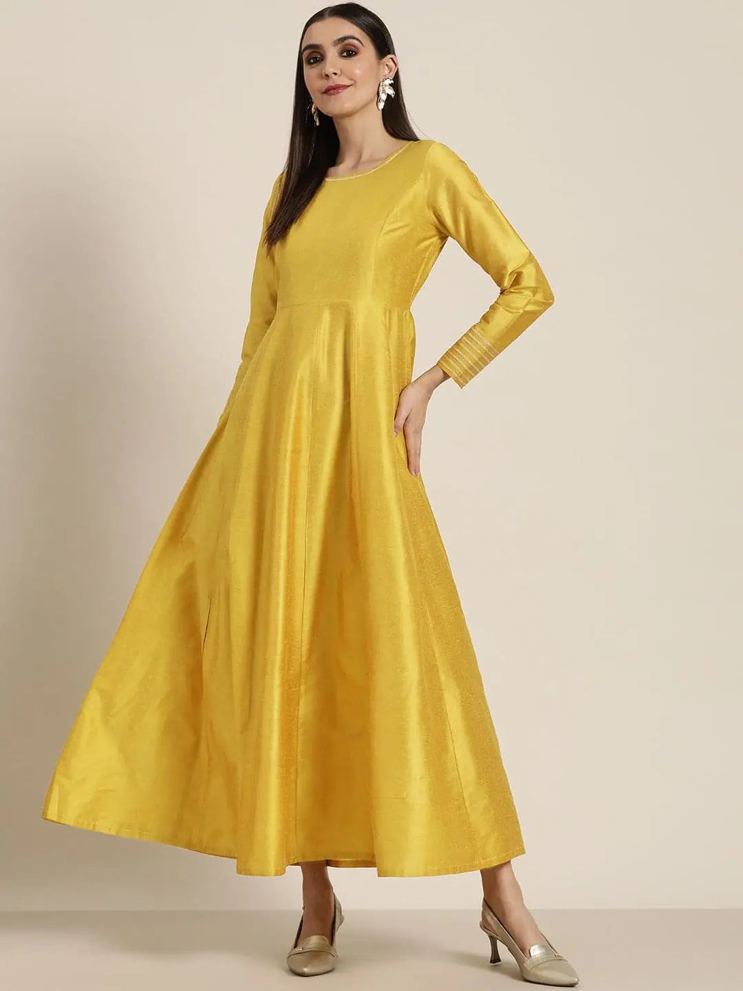 Bell sleeve dresses for womenWomen Mustard Gota Detail Anarkali Maxi Dress