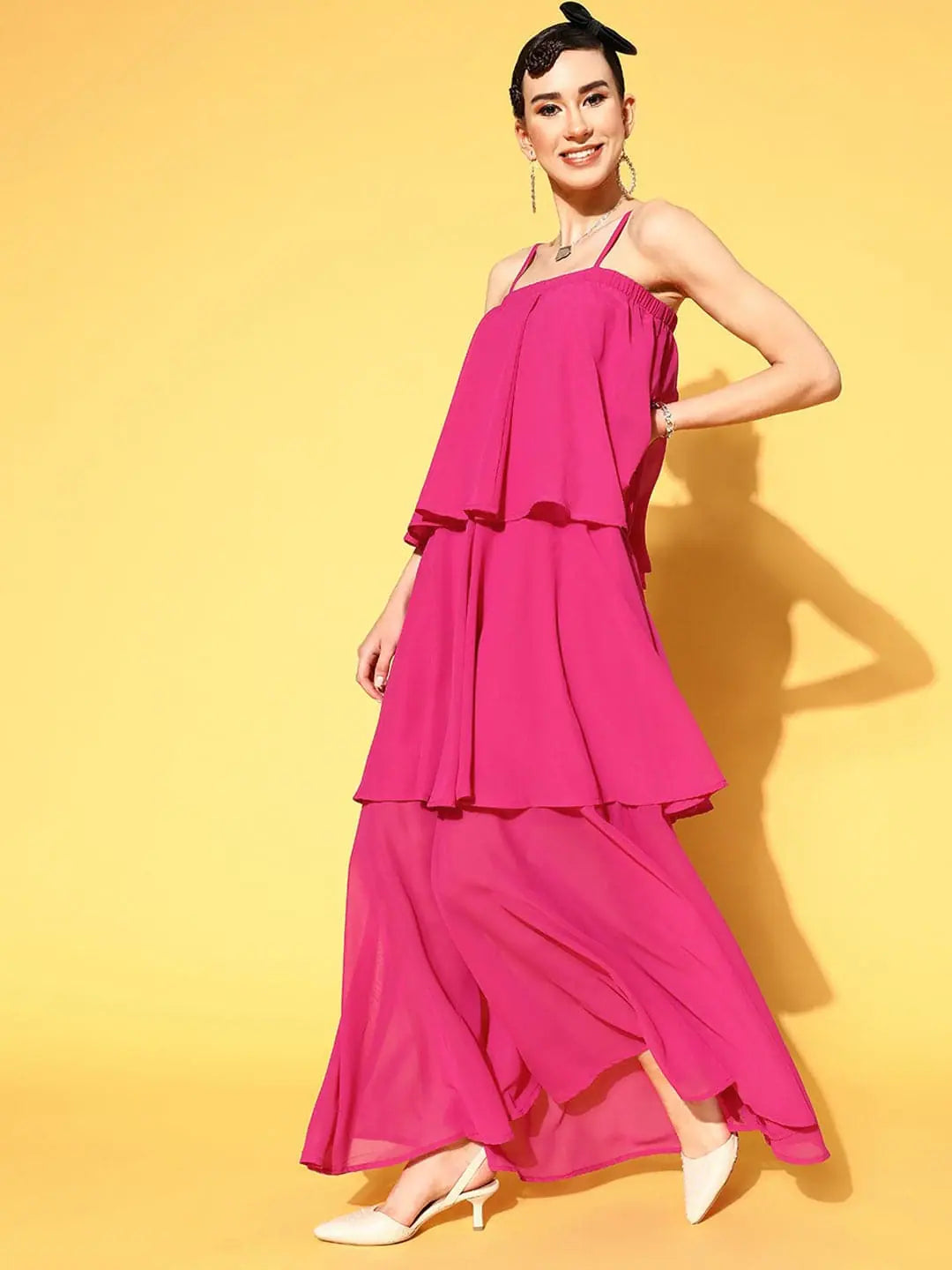 Winter dresses for cold weatherWomen Fuchsia Strappy Layered Maxi Dress