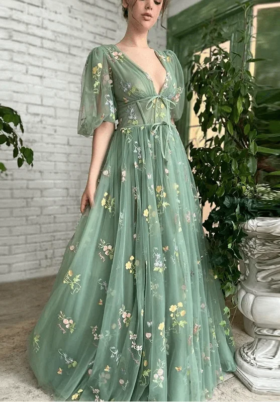 Fit-and-flare dresses for womenEmbroidered Sage Green Prom Dresses Floral Half Sleeves Flower Maxi Dress