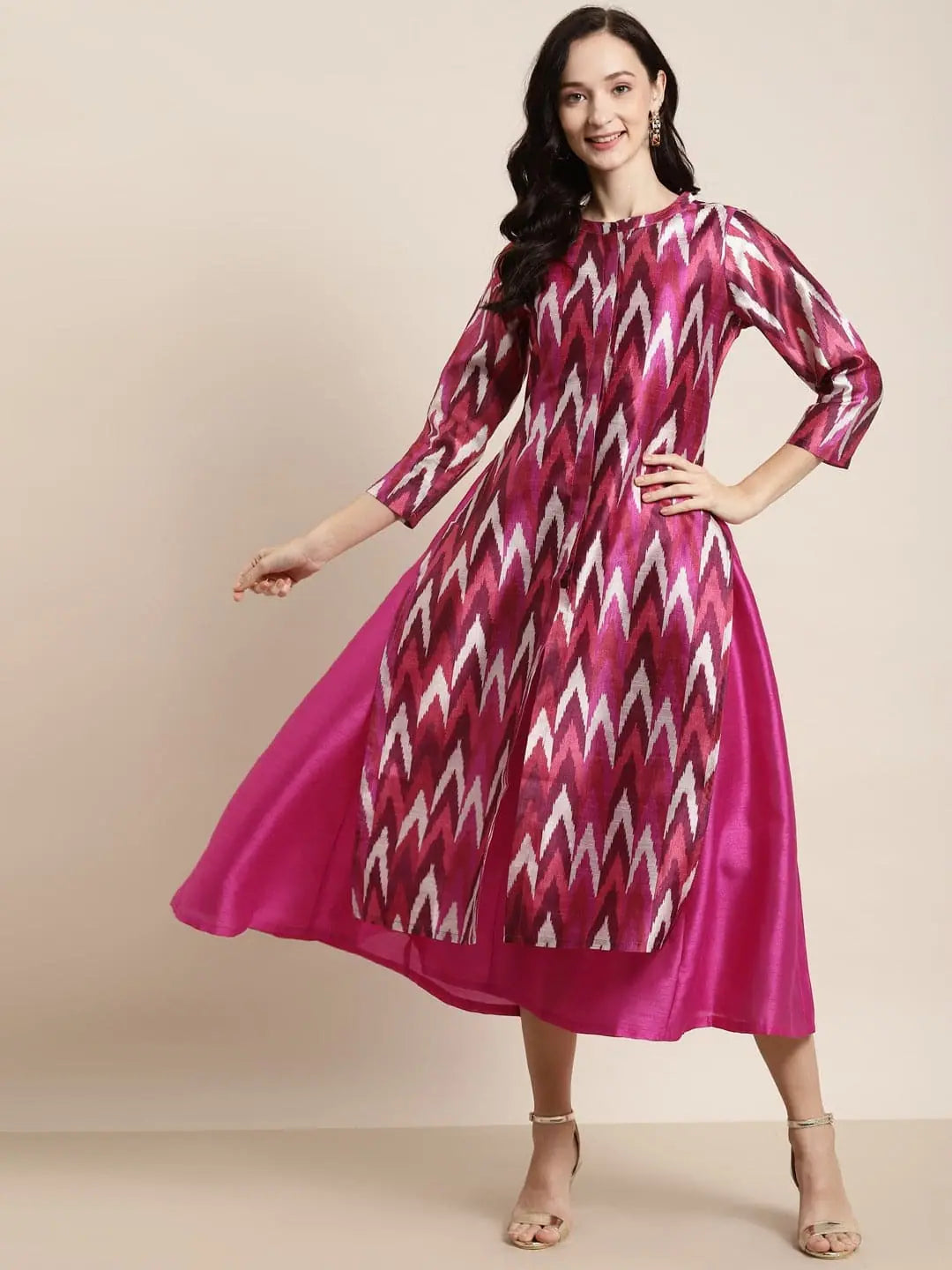 Leather dresses for womenFuchsia Anarkali Maxi With Ikat Print Jacket