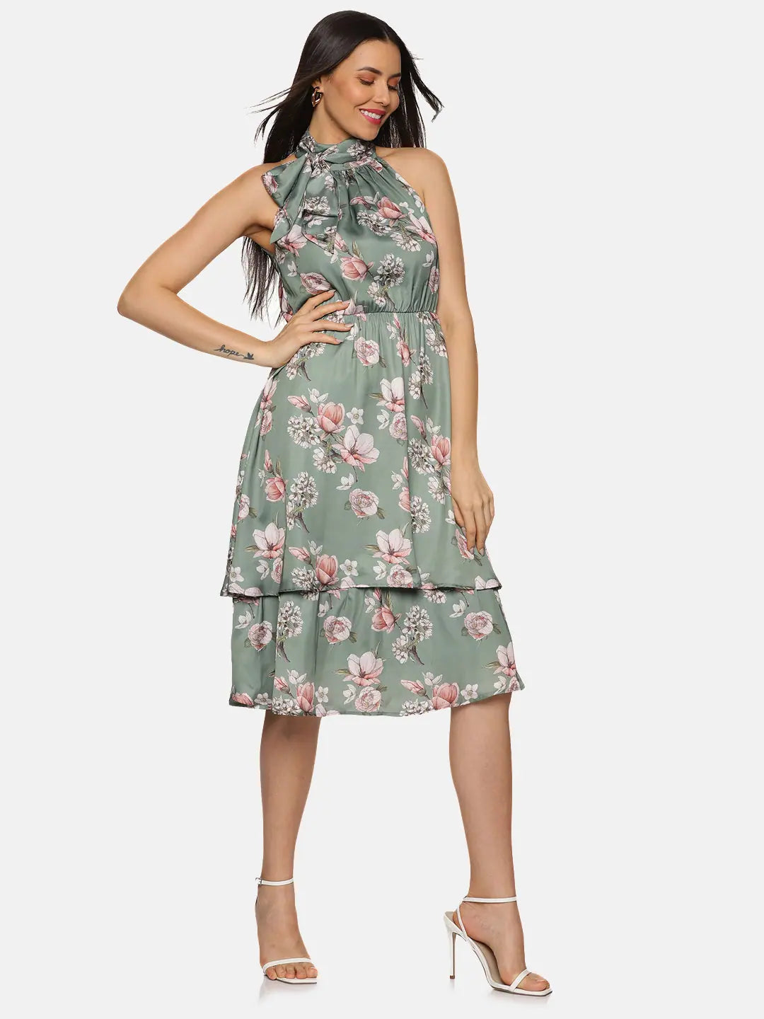 Short and sweet dresses for womenFloral Olive Halter Tie Neck Midi Dress