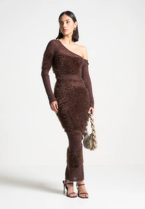 A-line dresses for womenOff Shoulder Knitted Maxi Dress - Brown