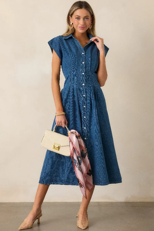 Sheath dresses for womenClassic Tea Party Dark Wash Denim Button Front Pleated Midi Dress