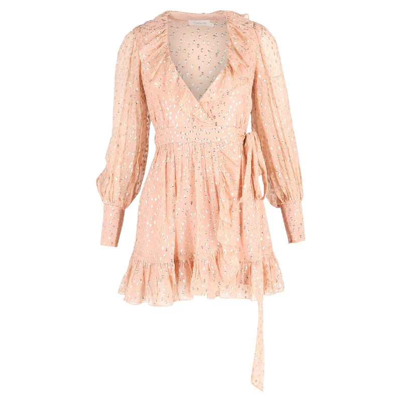 Transitional dresses for in-between seasonsZimmermann Ruffled Mini Wrap Dress with Gold Polka Dots in Blush Silk