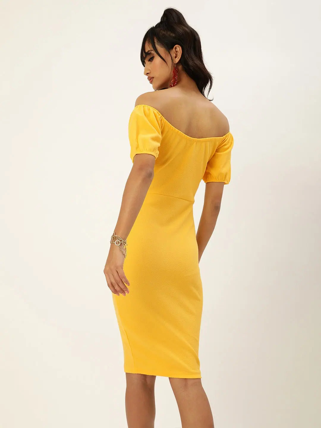 Cap sleeve dresses for womenVeni Vidi Vici Yellow Sweetheart Neck Bardot Midi Dress