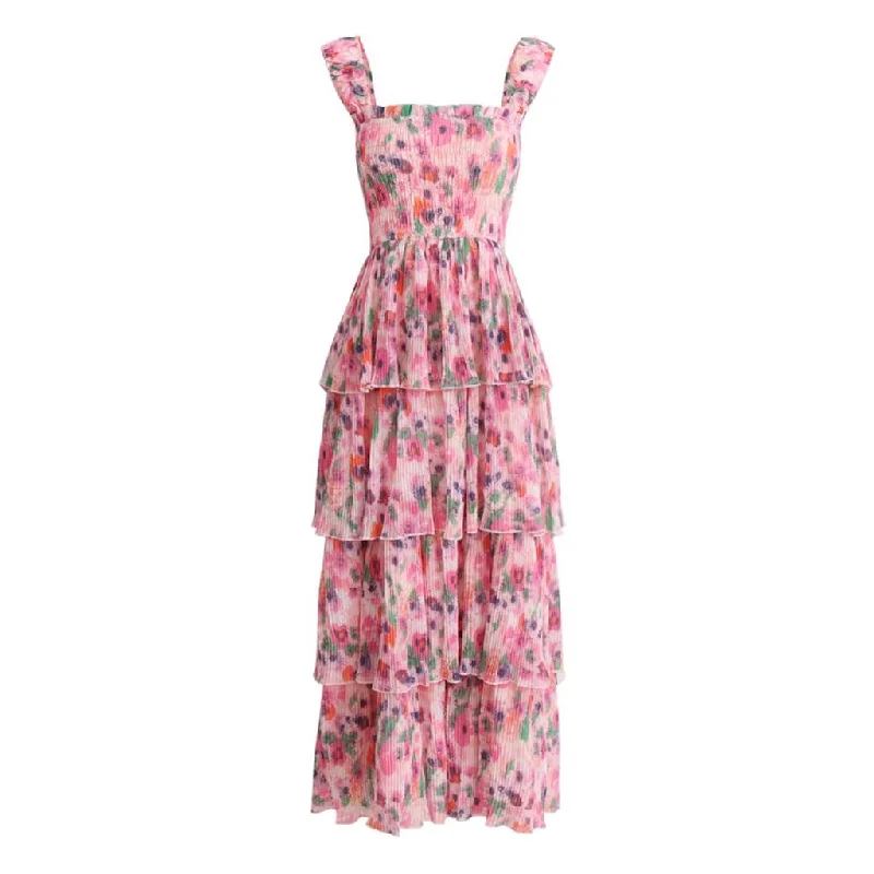 Bodycon dresses for womenRomantic Square Neck Layered Ruffle Floral Print Midi Smocked Sundress