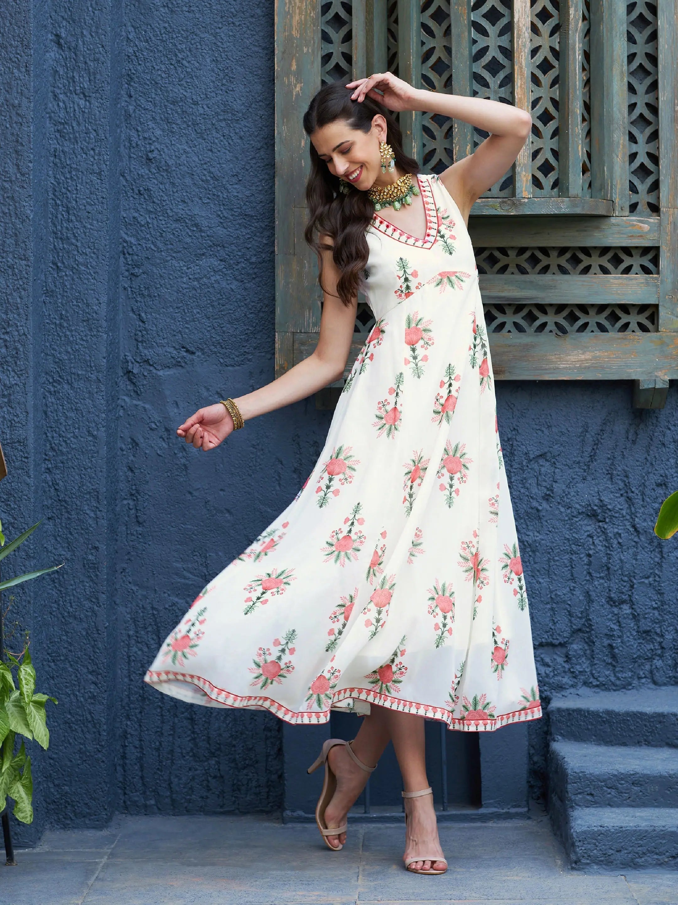 Handmade dresses for unique fashion statementsWomen Off White Floral Slant Empire Seam Maxi Dress