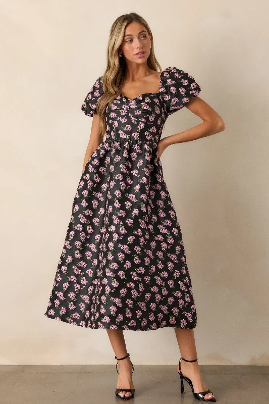 Plunging neckline dresses for womenTime Flies Black Floral Jacquard Puff Sleeve Midi Dress