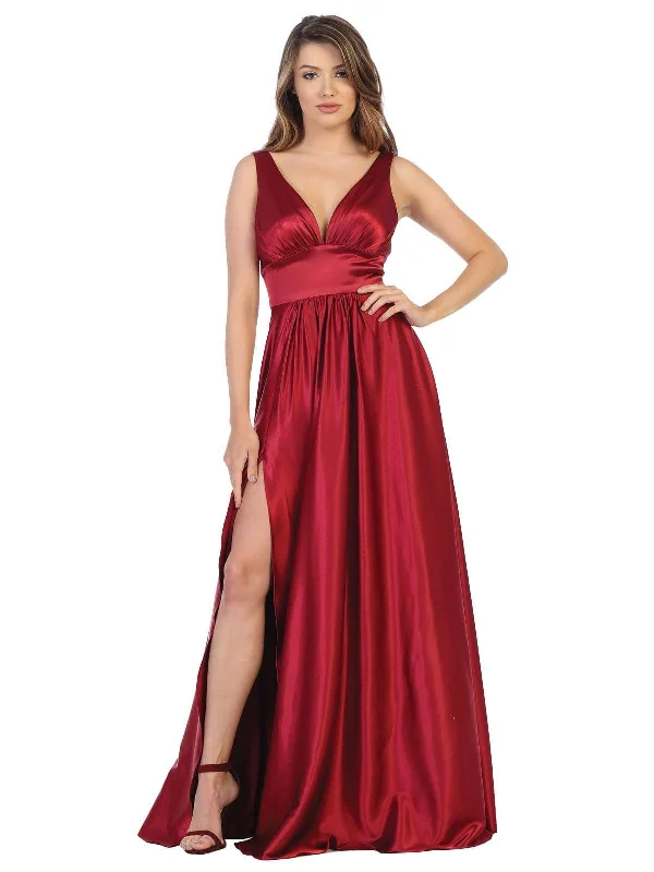 Sleeveless dresses for womenMay Queen - MQ1723 Plunging V-Neck Empire High Slit Dress