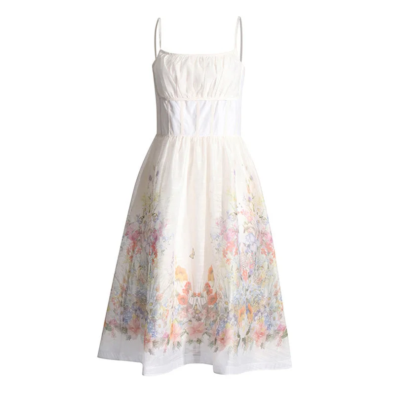 Evening women's dressesFrench Style Square Neck Smocked Corset Floral Printed Midi Sundress