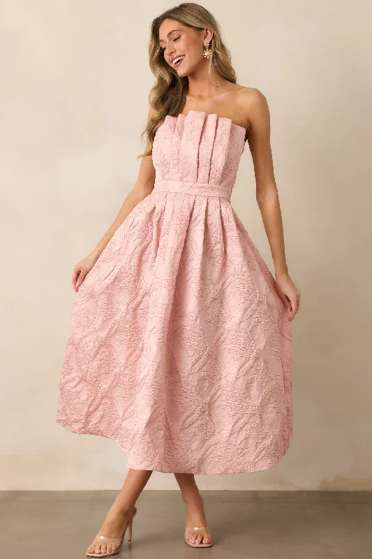 One-shoulder dresses for womenThe Genevieve Blush Floral Jacquard Strapless Midi Dress