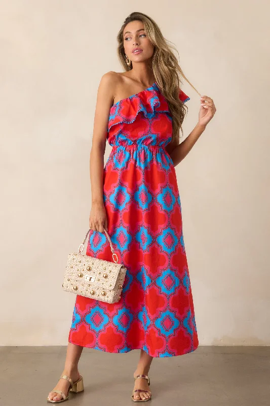 Long flowy dresses for womenPacking My Bags Cotton Red Multi Print One Shoulder Midi Dress