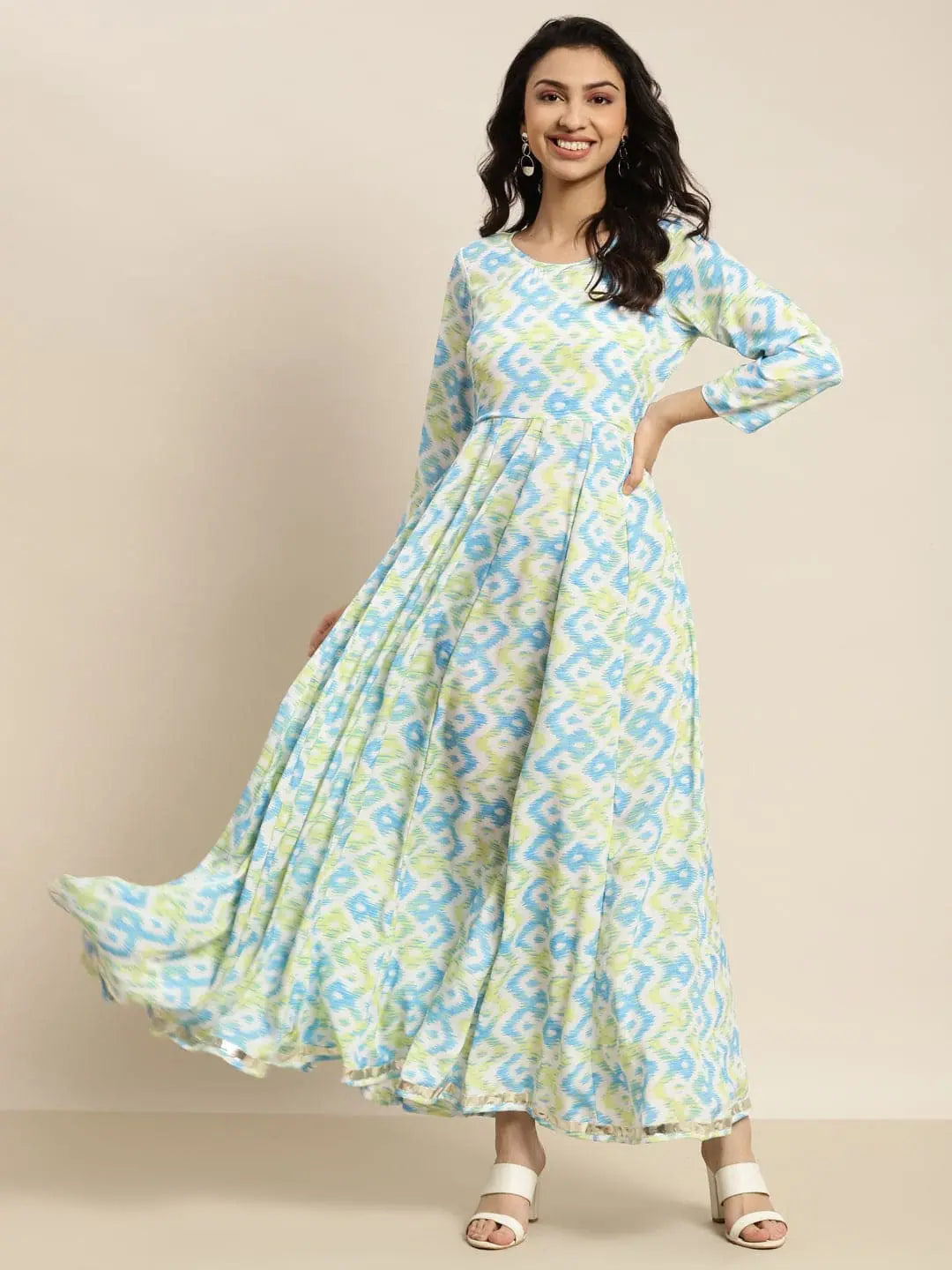 Solid color dresses for womenWomen Blue & Green Ikat Anarkali Maxi Dress