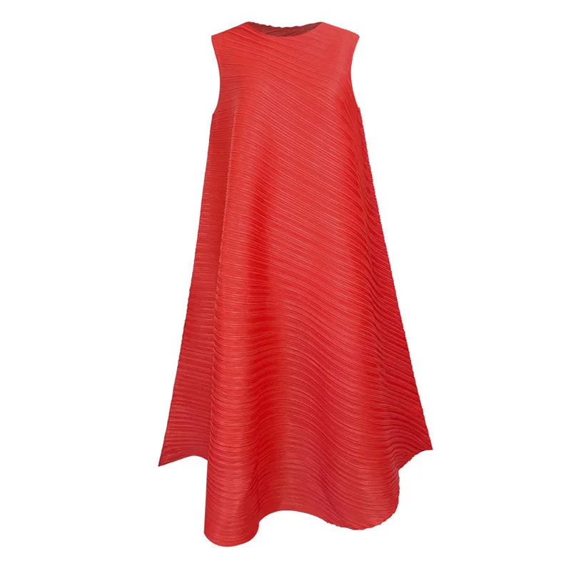 Vintage women's dressesArtistic Round Neck A Line Sleeveless Asymmetrical Pleated Midi Dress