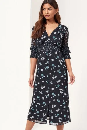 High-slit dresses for womenFloral Print Ruched Midi Dress Navy