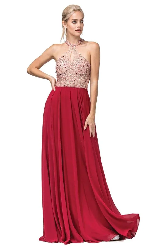 Mini dresses for womenDancing Queen - 2838 Beaded Keyhole Cutout Halter Long Dress