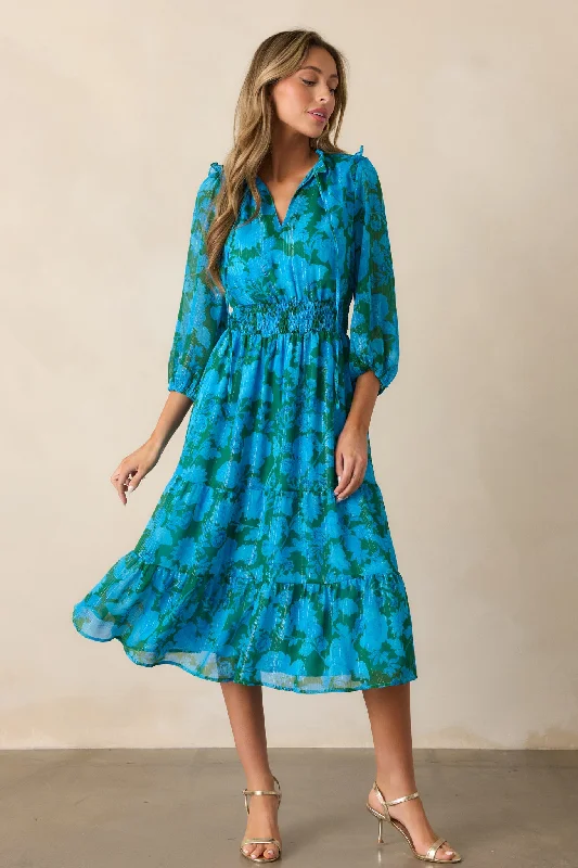 Cotton dresses for everyday wearRising Tides Blue Floral Long Sleeve Midi Dress