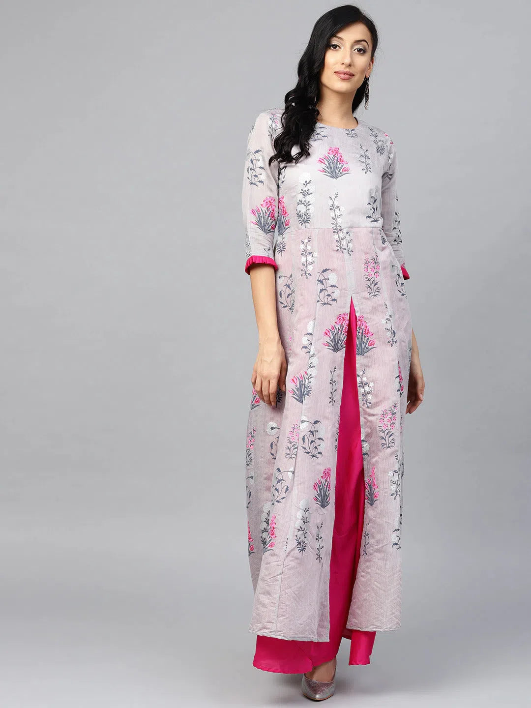 Chiffon dresses for womenAhalyaa Grey & Pink Floral Printed Layered Front Slit Maxi Dress