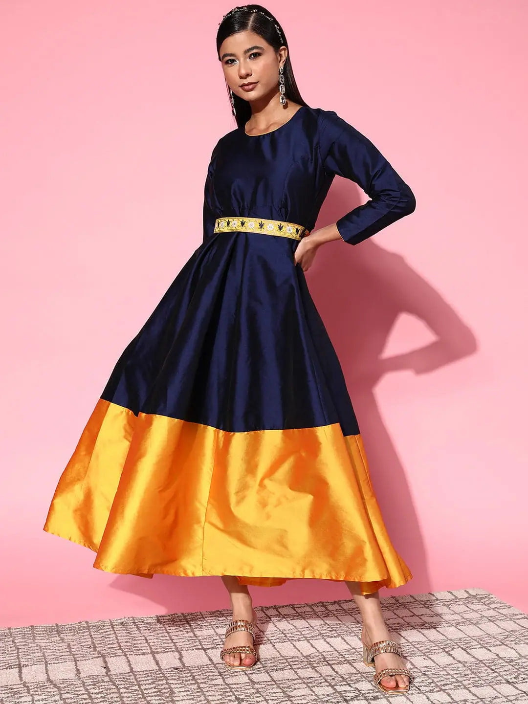 Dancewear dresses for performancesWomen Navy Contrast Border Anarkali Maxi Dress