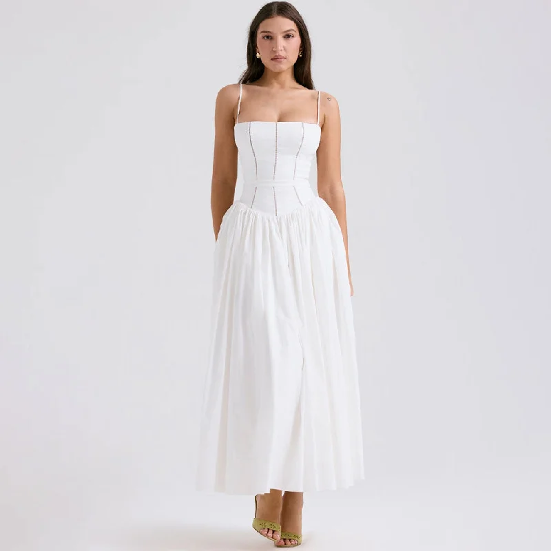 Festival dresses for music and arts eventsFrench Style Square Neck Spaghetti Strap Gathered Drop Waist Midi Sundress