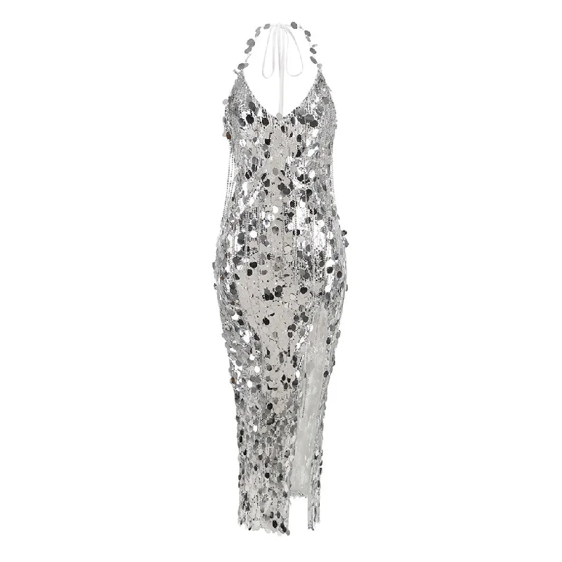 Sheath dresses for womenShimmering Halter Crystal Fringe Sequin Embellished Split Midi Cocktail Dress