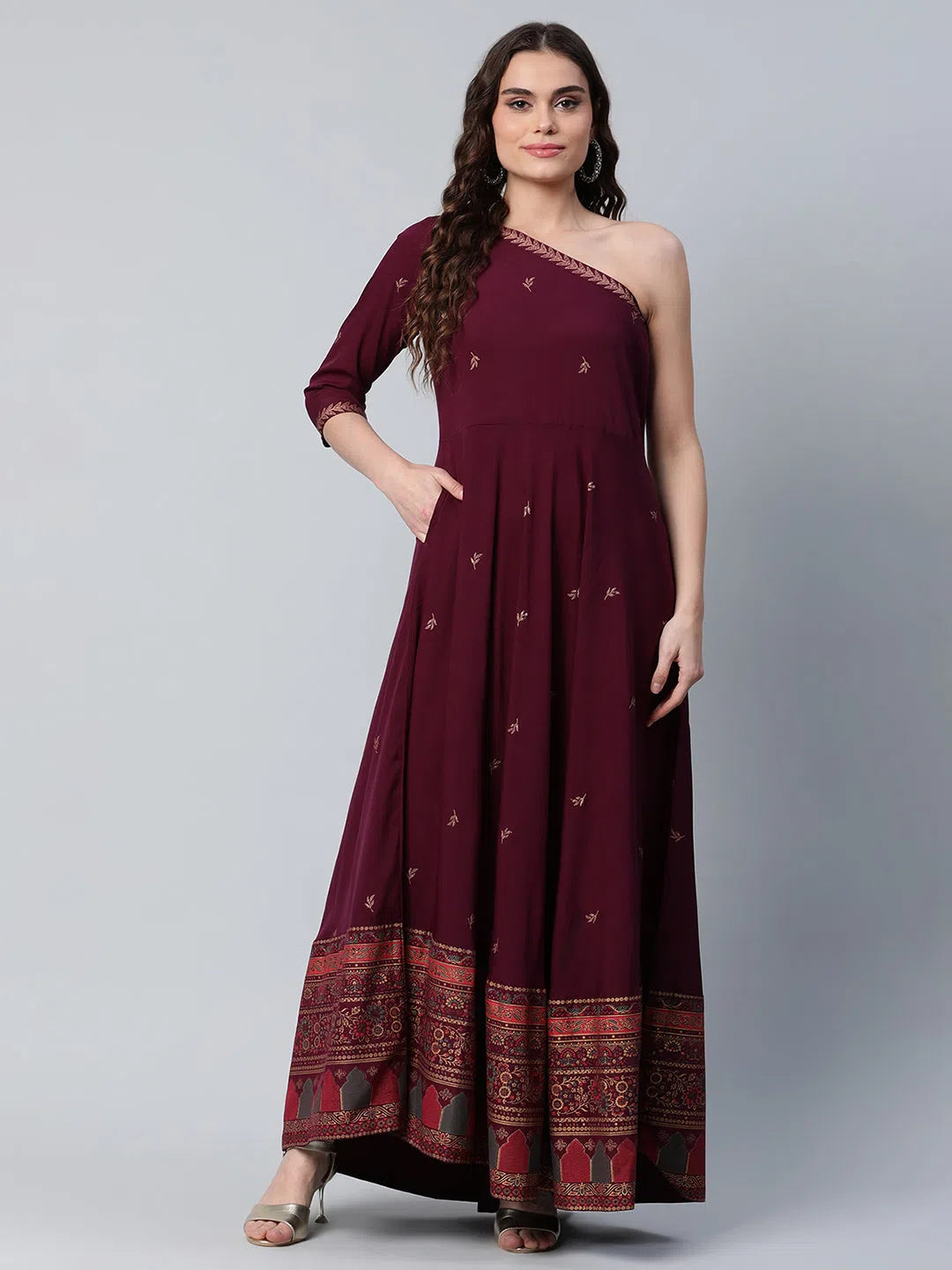 Solid color dresses for womenAhalyaa Women Burgundy & Gold Toned Ethnic Motifs One Shoulder Ethnic Maxi Dress