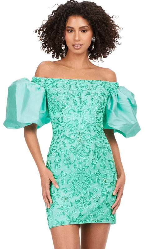 Backless dresses for womenAshley Lauren 4609 - Oversized Puff Sleeve Beaded Cocktail Dress