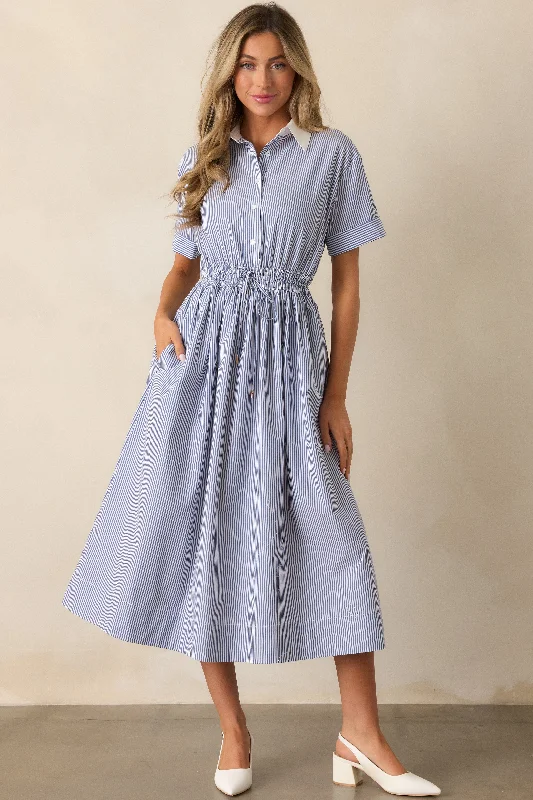 V-neck dresses for womenMaking My Way Home Cotton Blue Stripe Short Sleeve Midi Dress