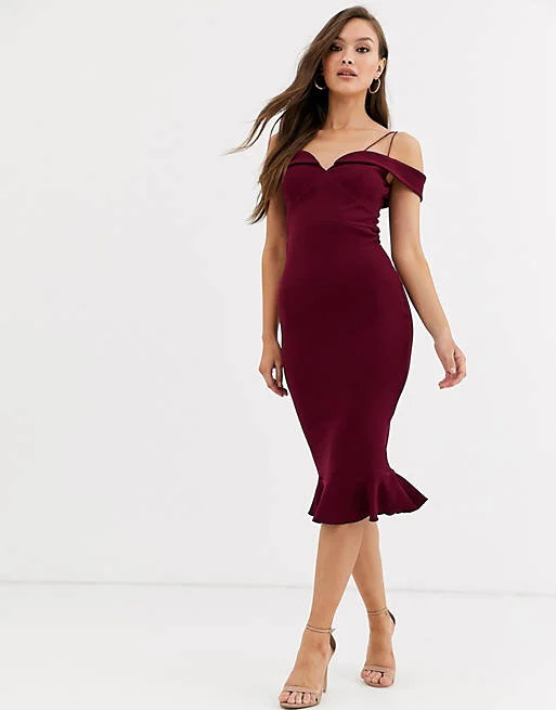 Polka dot dresses for womenStrappy Bardot Midi Dress Burgundy