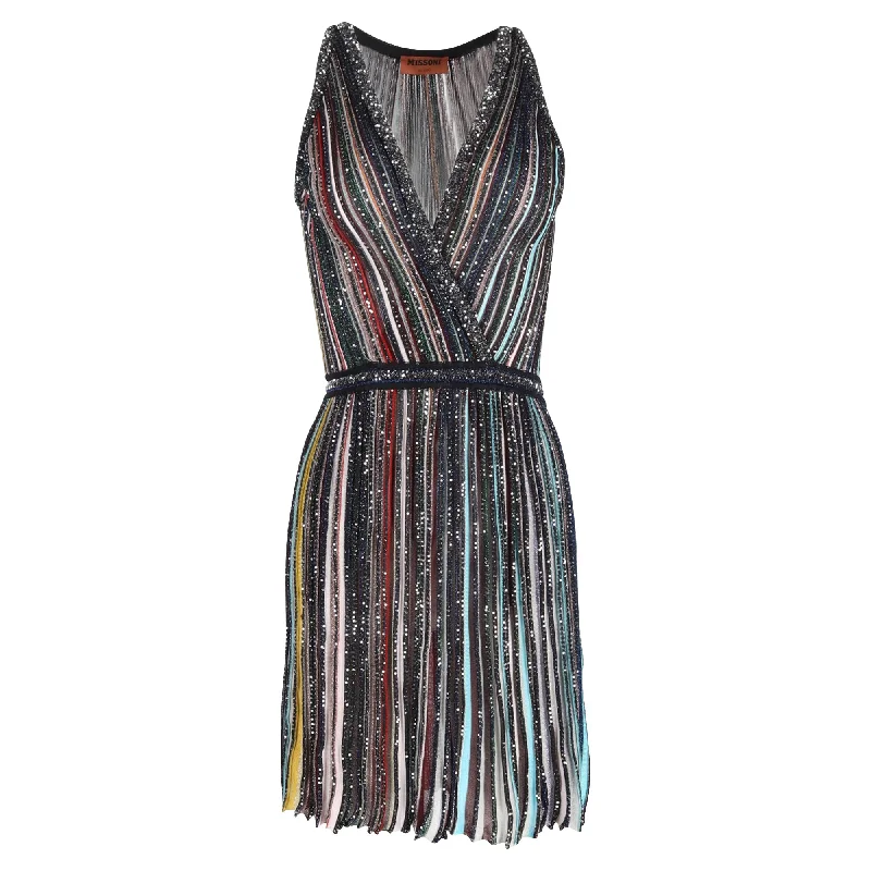 High-neck dresses for womenMissoni Sequins V-neck Pleated Mini Dress in Multicolor Rayon