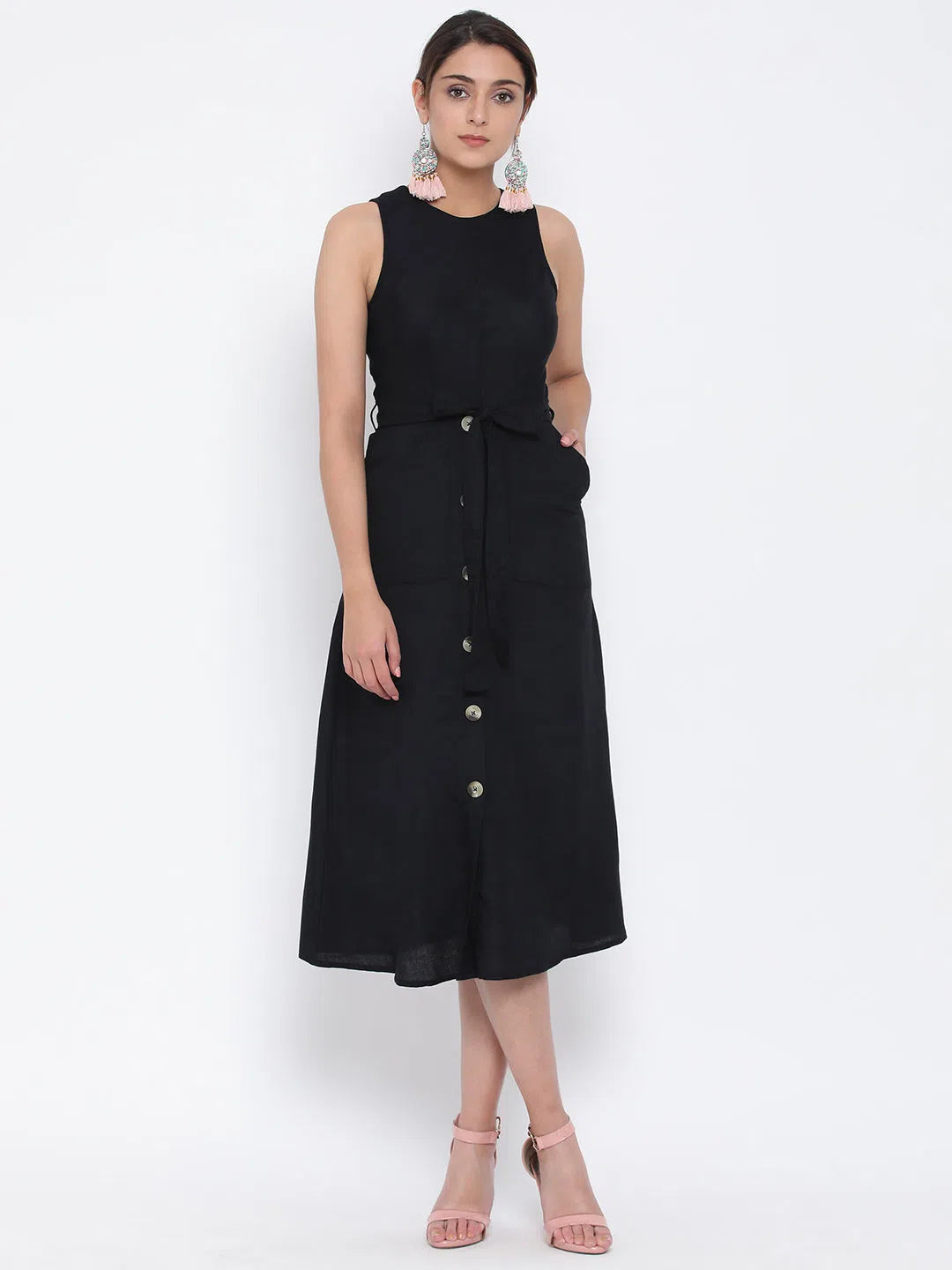 Cap sleeve dresses for womenBlack Storied Women Midi Dress