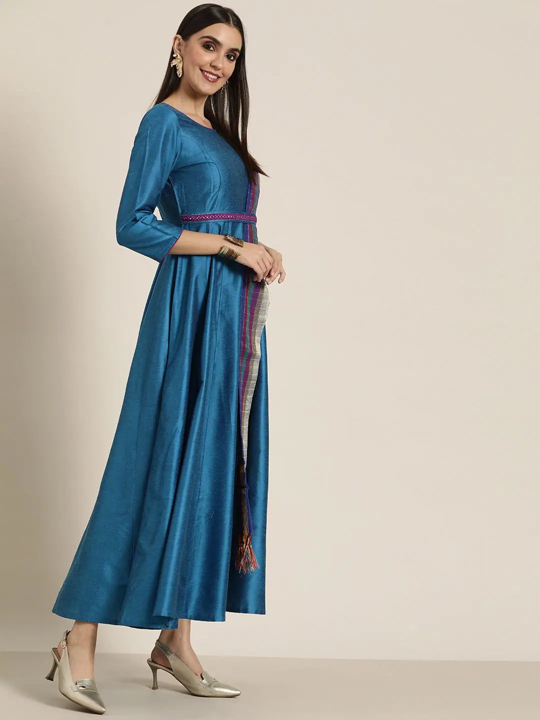 Flowy dresses for womenWomen Blue Anarkali Maxi With Purple Striped Dupatta