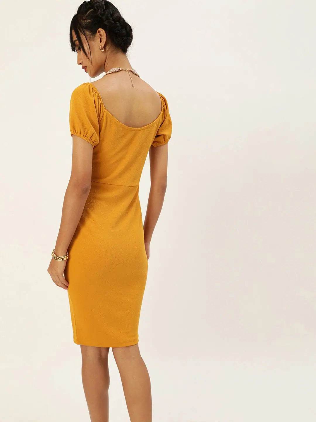 Sack dresses for womenVeni Vidi Vici Mustard Sweetheart Neck Bardot Midi Dress