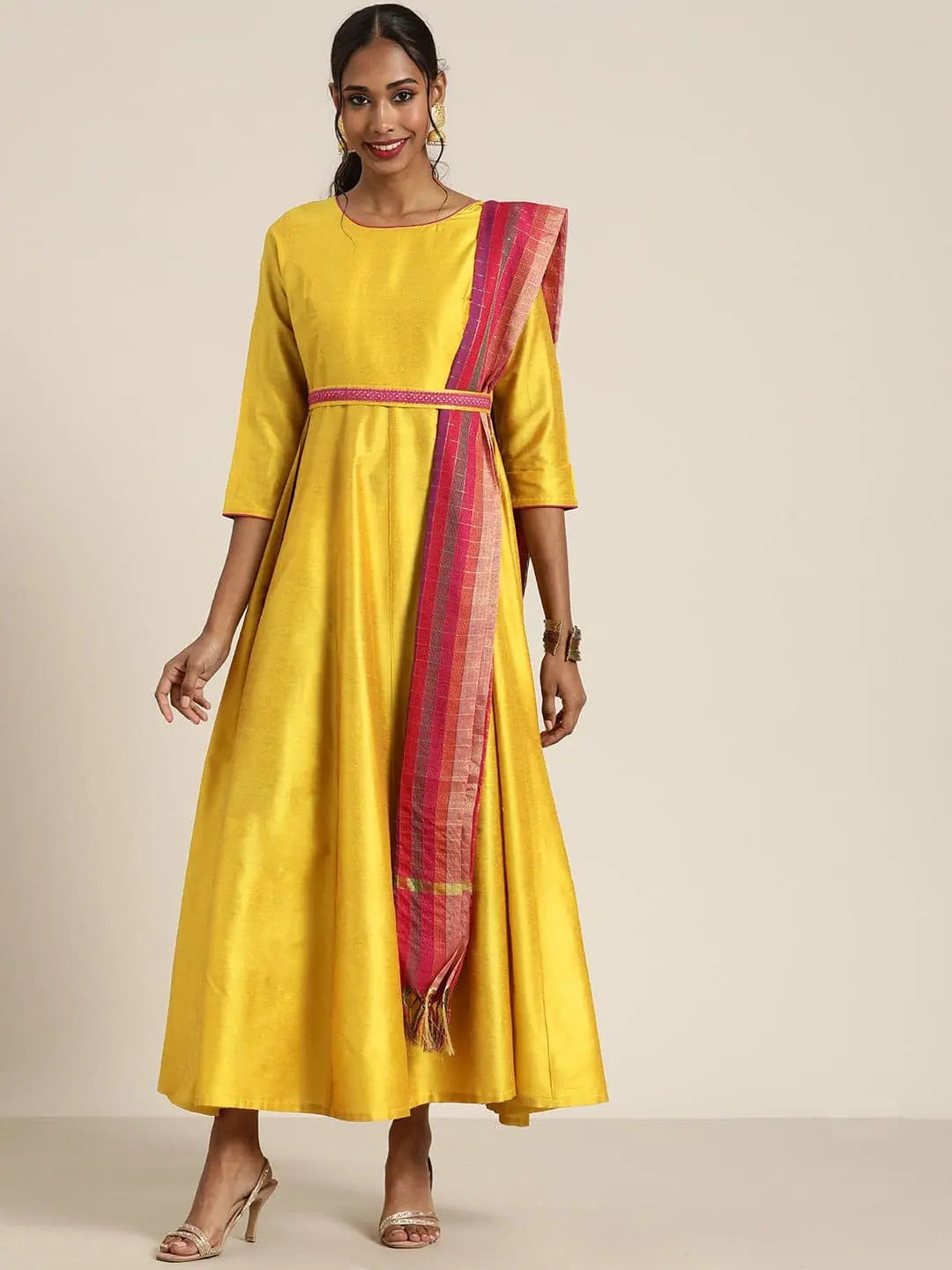 Day dresses for everyday wearWomen Mustard Anarkali Maxi With Fuchsia Striped Dupatta