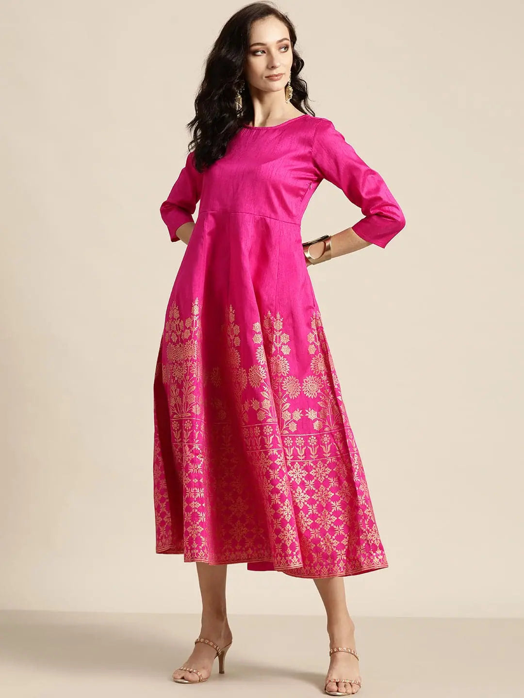 Bohemian women's dressesFuchsia Foil Print Anarkali Maxi Dress