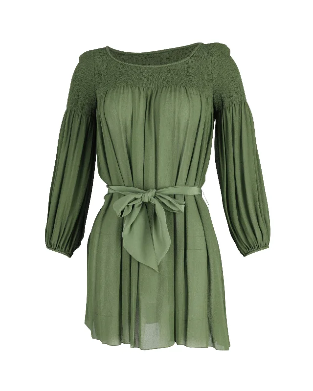 Lantern sleeve dresses for womenTemperley London Smocked Mini Dress in Green Silk